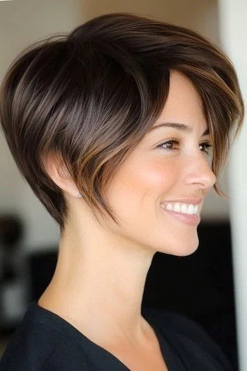 Dark brown pixie bob, front view, smiling - wispy hairstyle for women over 40