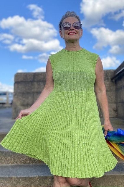 neon green ribbed knit midi for women over 60