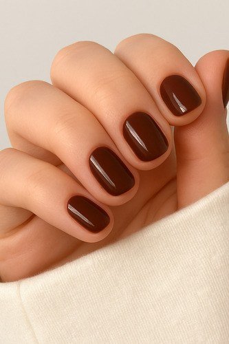 Dark espresso brown glossy square nails with cream sweater