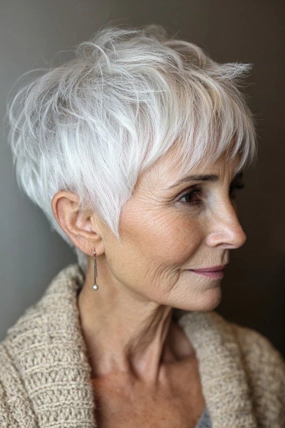 White Pixie with Soft Bangs - timeless hairstyle for women over 60
