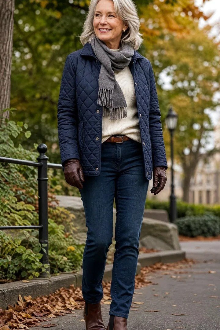 Woman over 60 wearing navy quilted jacket, gray scarf, dark jeans, brown boots