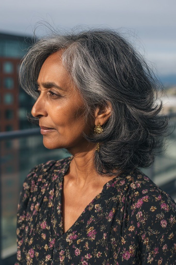 Sleek Dark Grey Layered Bob, layered hairstyle for women over 70
