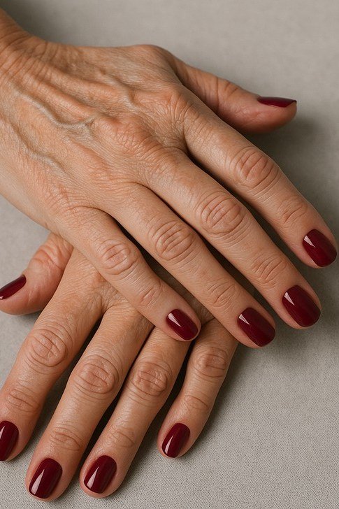 Oxblood red nails on mature crossed hands