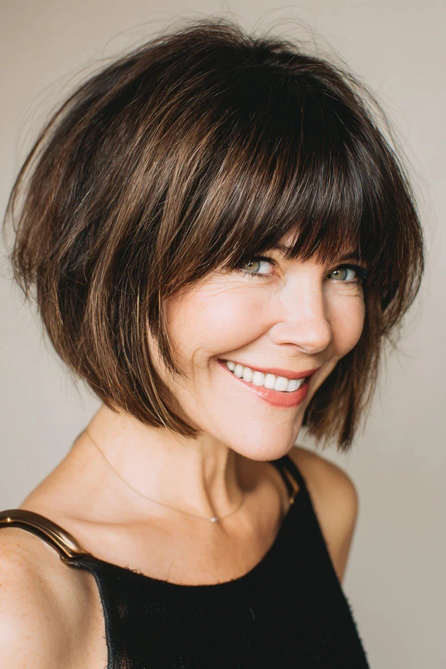 Brunette Bob with Side Swept Bangs, chic bob haircut for women over 50