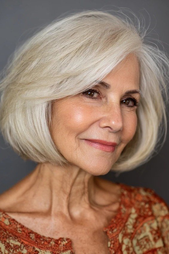 rounded silver bob, 3/4 view, medium length hairstyle for women over 60