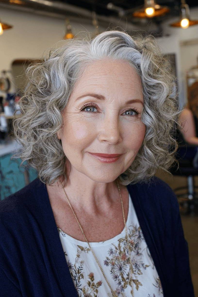 Classic silver curly bob for women over 50