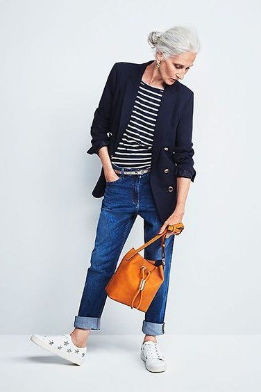 Navy Blazer with Striped Tee outfit for women over 70, chic style idea 8