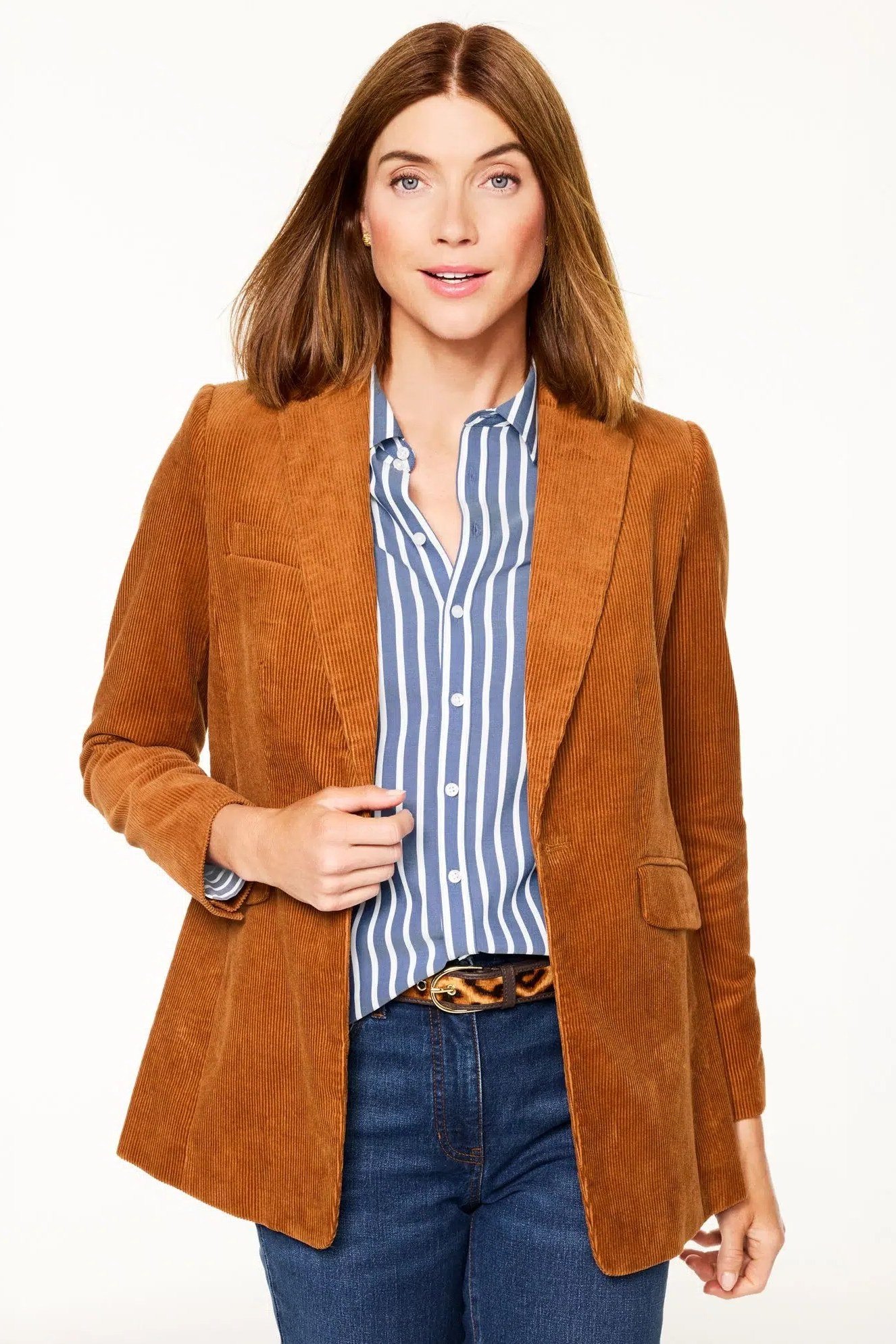 Rust suede blazer with blue striped shirt and blue jeans