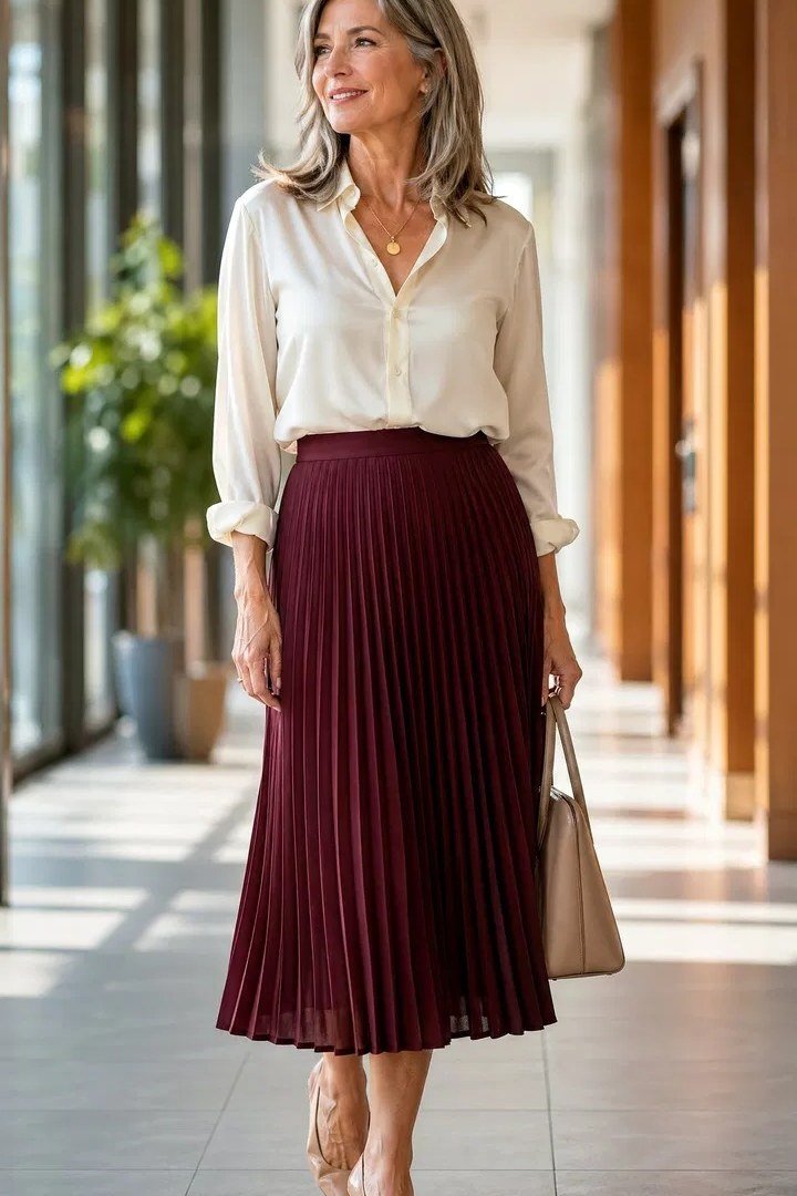 White blouse with burgundy pleated midi skirt in a hallway