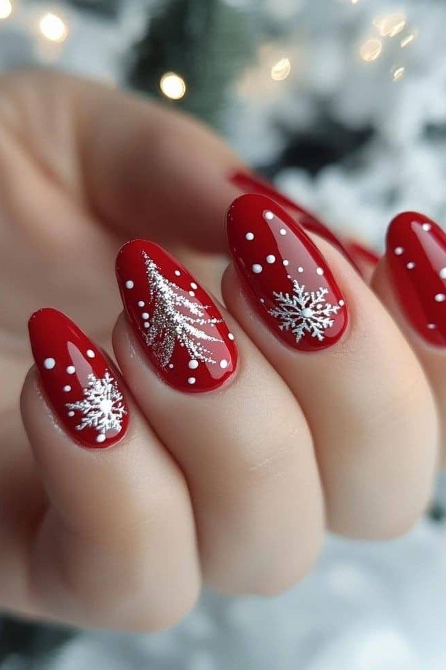red christmas nails with silver tree and snowflake art