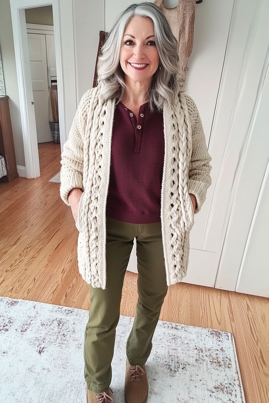 Cream Cable Cardigan With Olive Pants - flattering outfit idea for women over 50, how to dress better over 50
