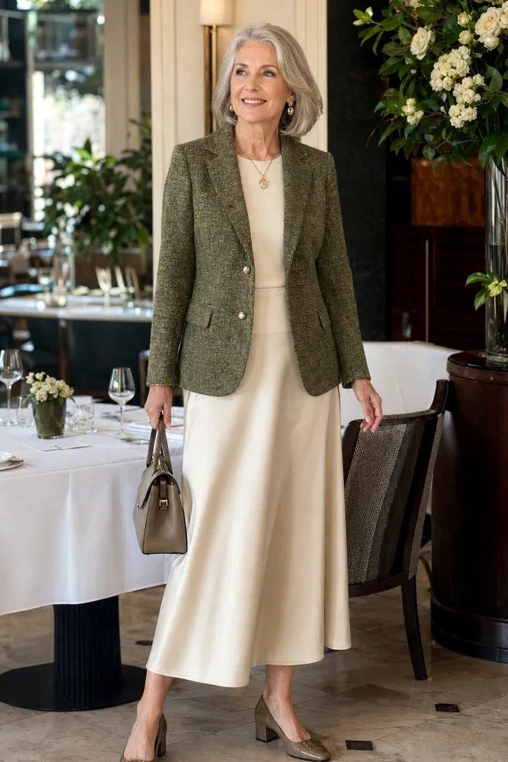 Olive blazer with cream midi skirt for women over 50