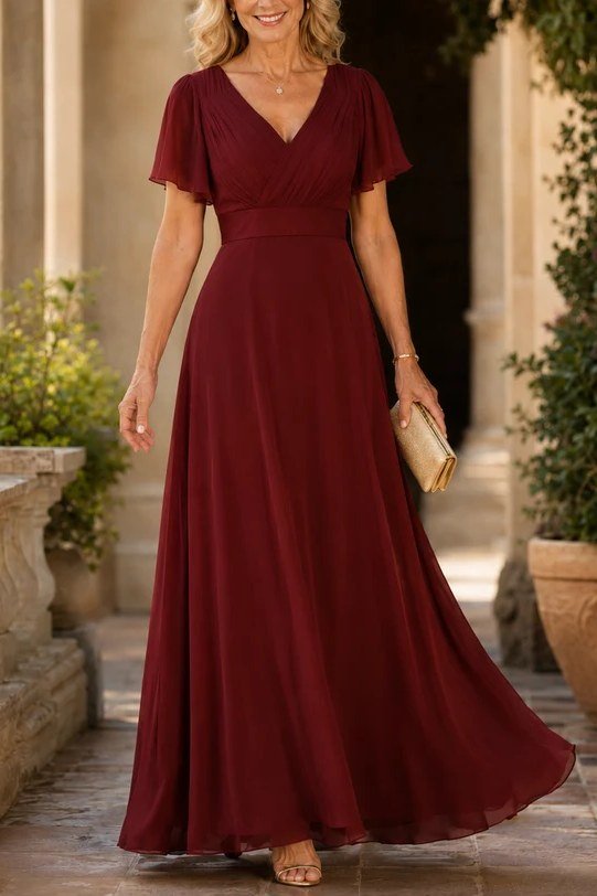 burgundy V-neck flowing maxi gown, garden,, elegant wedding guest dress for women over 60