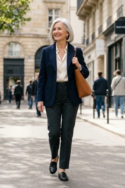Navy Blazer With a Cream Top and Dark Trousers, smart casual outfit for women over 50
