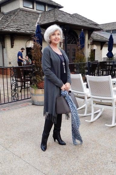 long gray cardigan with black trousers church outfit for women over 60