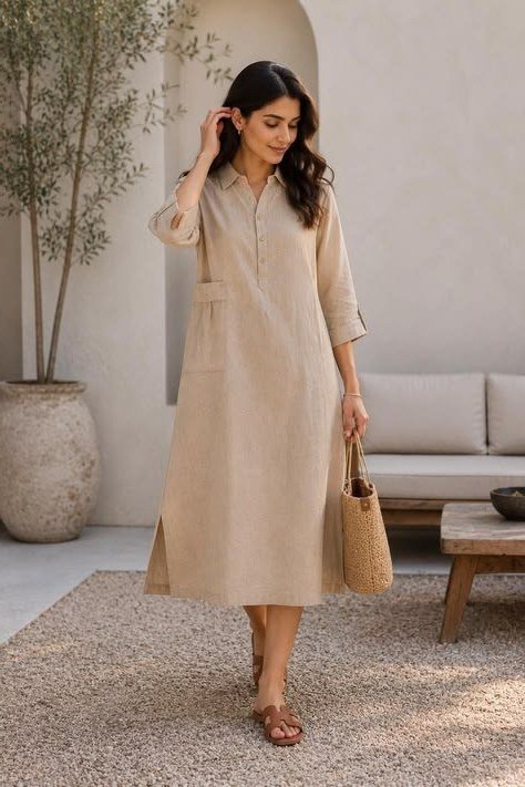 Sand caftan-style midi dress with straw tote, patio for women over 60