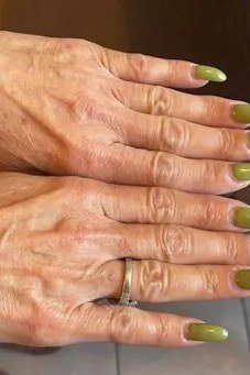 Olive and Mustard Two-Tone Mix - fall nail color idea for women over 60