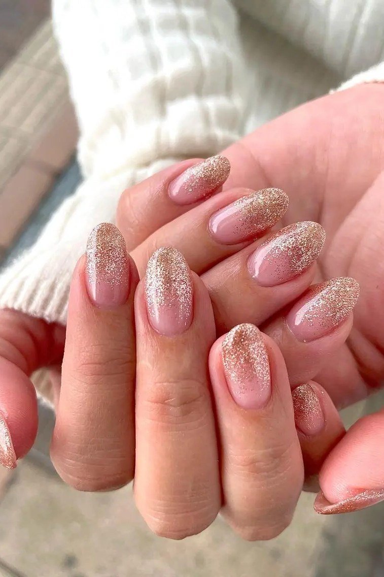 Pink Champagne Glitter Almond Nails - pink champagne glitter almond, glitter winter nail design for women over 60