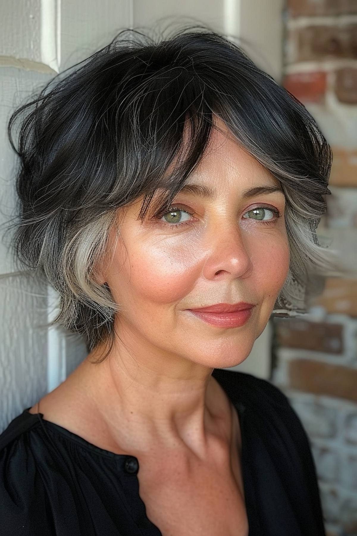 tapered salt and pepper pixie for older women, side view