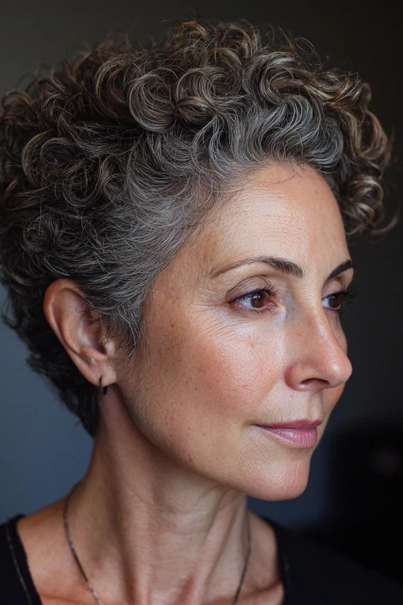 Dark grey tight curly bixie haircut front-side view for women over 60