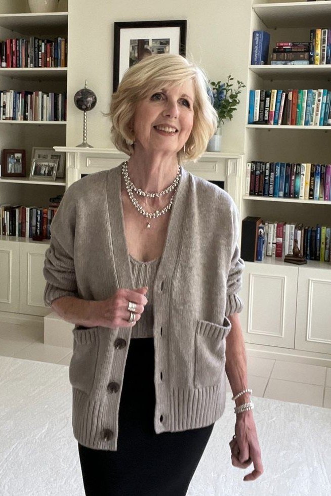 Taupe Cardigan with Pearls, classic casual outfit for women over 70