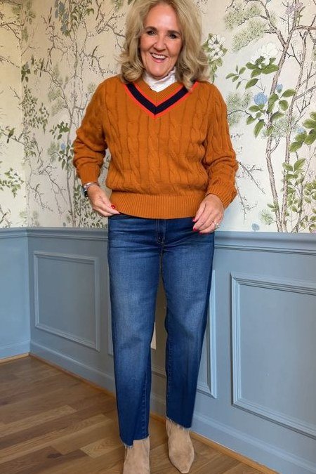 Mustard cable knit sweater classic jeans mustard cable knit sweater blue jeans 50s indoors - fall outfit idea for women over 40