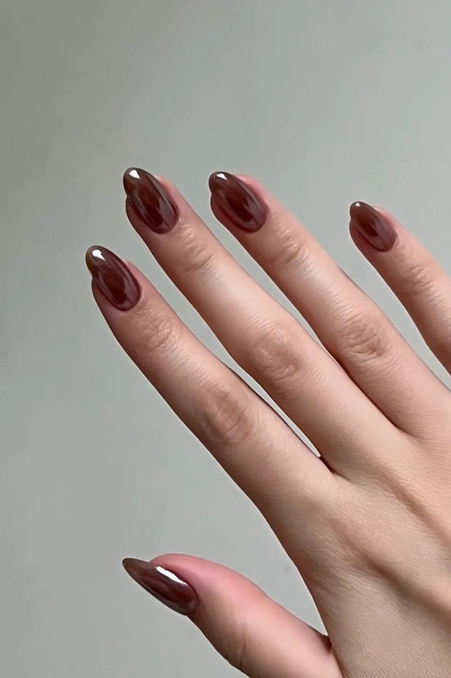 Dark Chocolate Glossy Almond Nails - brown nail idea for women over 50