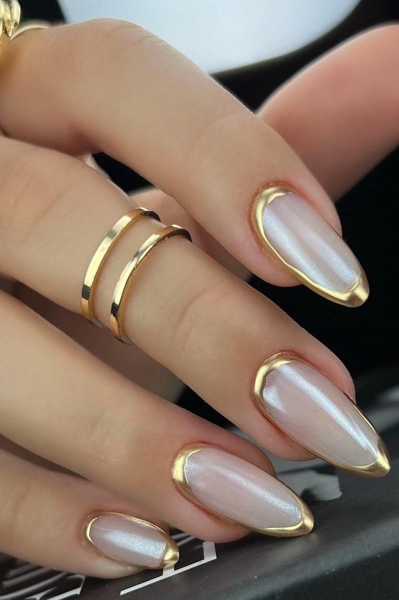White Chrome with a Gold Cuticle Outline - chrome nail designs for women over 60