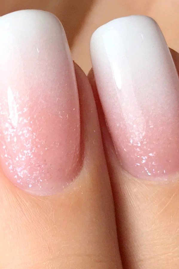 shimmer pink white baby boomer fade on medium square nails