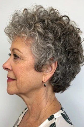Salt-and-pepper curly bob side view - curly hairstyle for women over 60