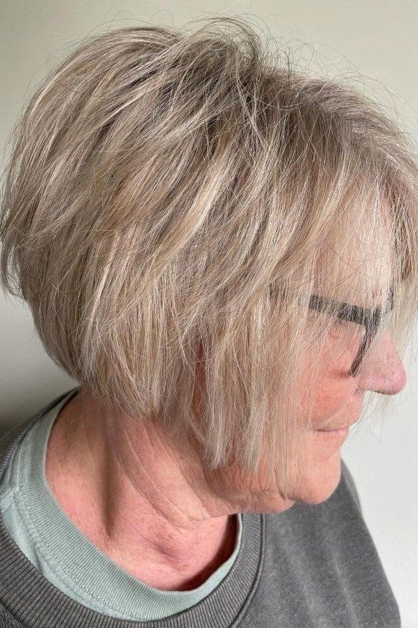 Grey Shaggy Bob with Glasses, medium hairstyle for women over 70
