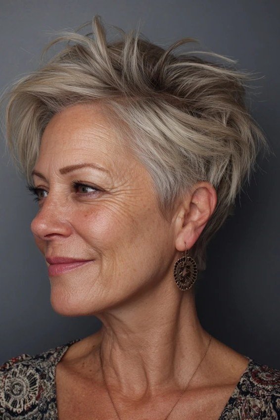 Tousled Spiky Silver Pixie - sassy hairstyle for older women