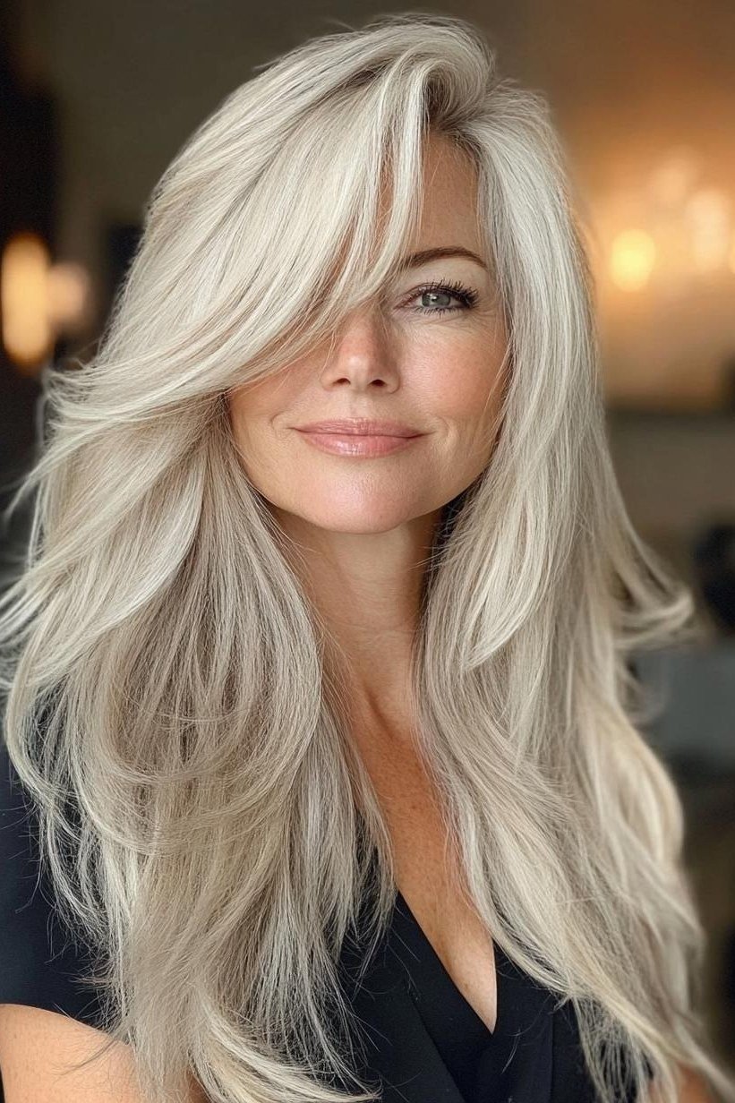 Very long platinum-blonde hair with side-swept part for women over 50