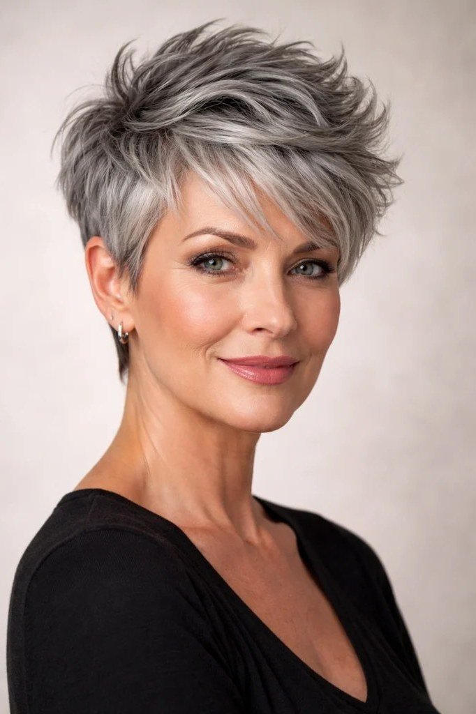 Confident Spiky Grey Pixie - bold edgy pixie haircut for women over 50