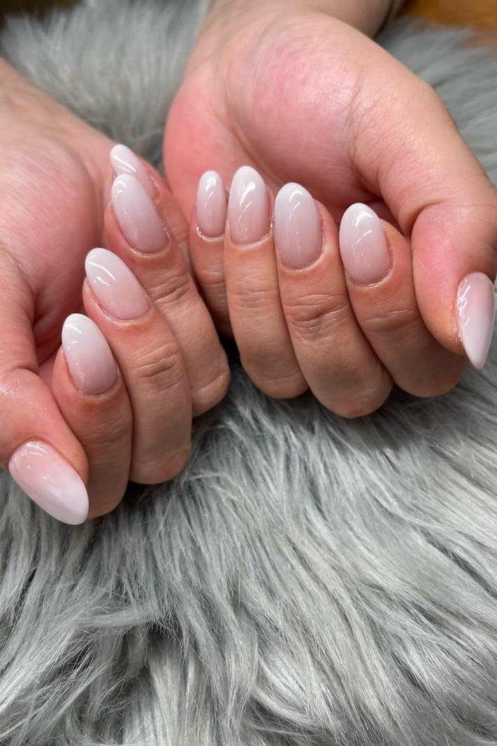 milky pink short almond nails glossy