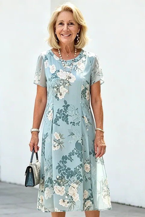 Breezy summer dress for women over 60: multicolor floral midi with sun hat