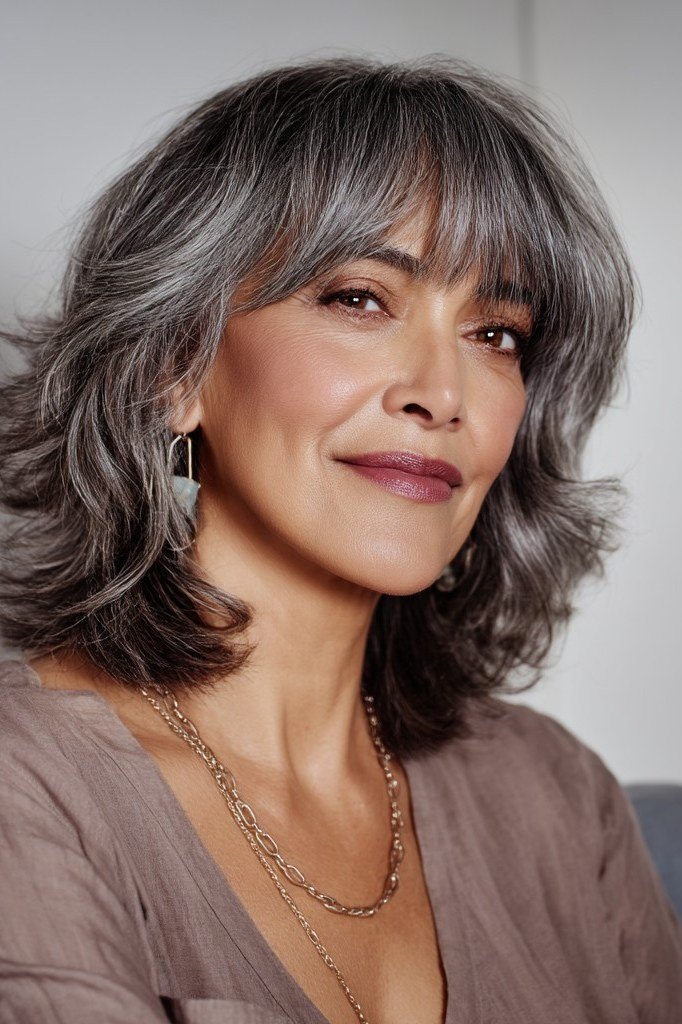 Salt-and-Pepper Butterfly Cut with Bangs - butterfly cut hairstyle for women over 60