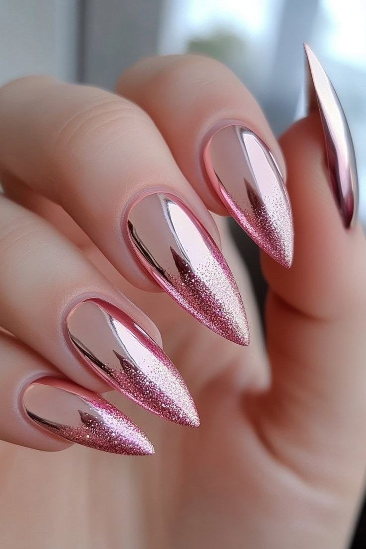 Stiletto pink chrome mirror nails