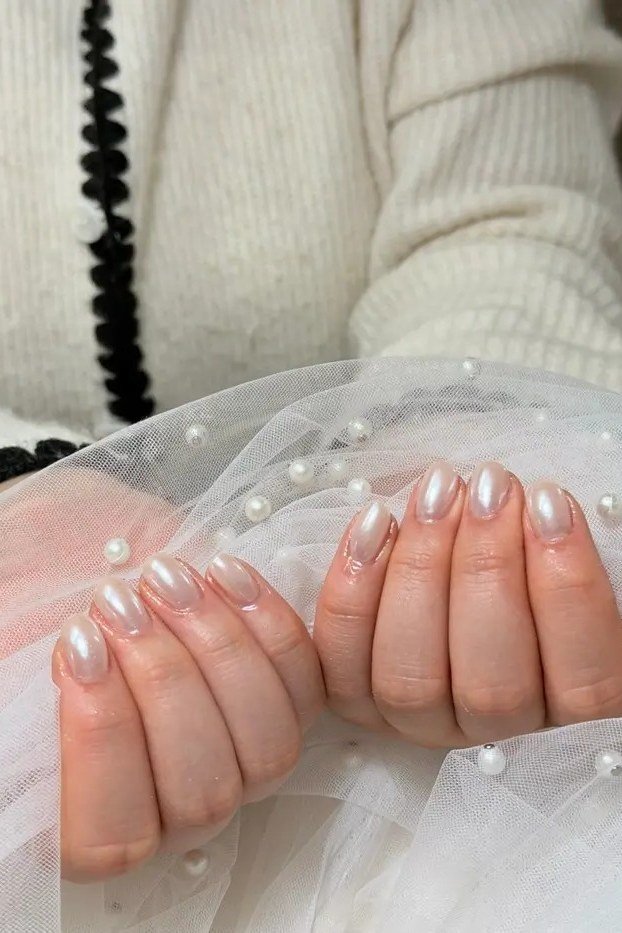 Sheer Milky Pearl Bridal Almond Nails - pearl finish nail idea for women over 60