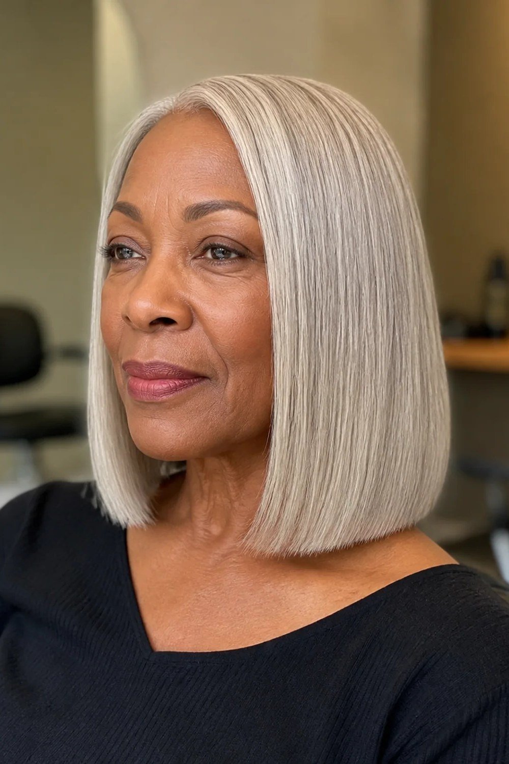 Sharp Silver Blunt Bob - medium hairstyle for women over 60