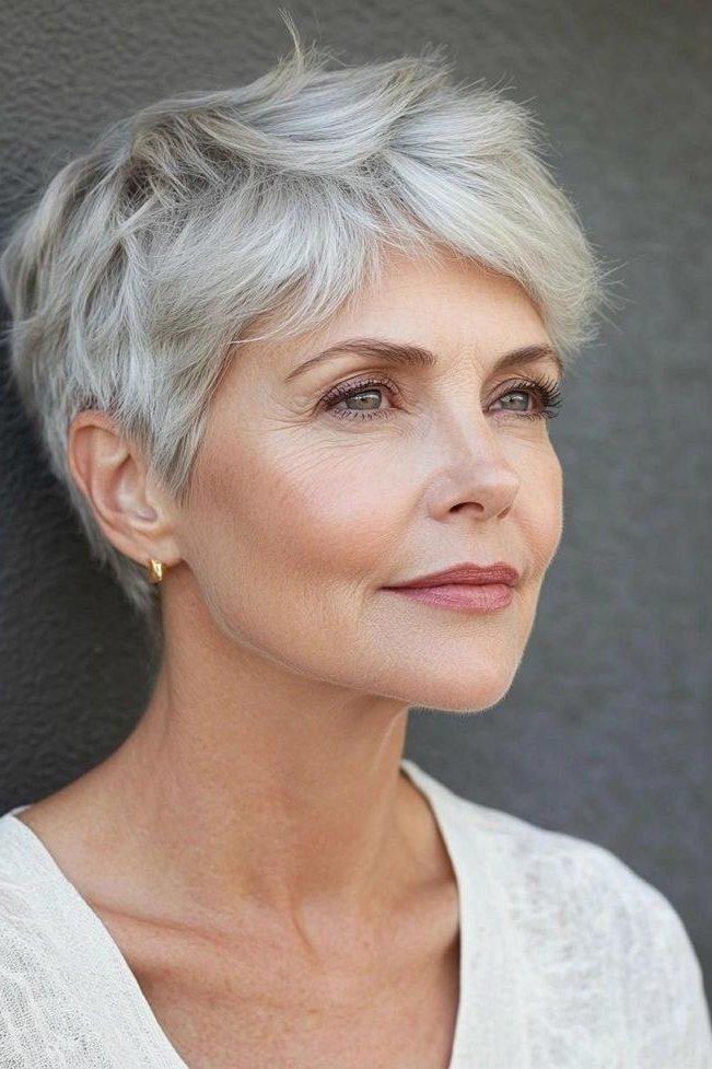 Feathered White Pixie hairstyle for women over 60