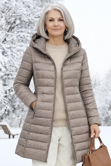 Taupe long quilted coat outfit for women over 60