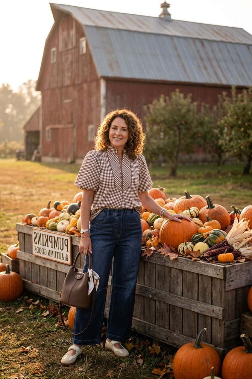 Gray Check Shirt with Dark Jeans on a woman over 50, fall outfit idea