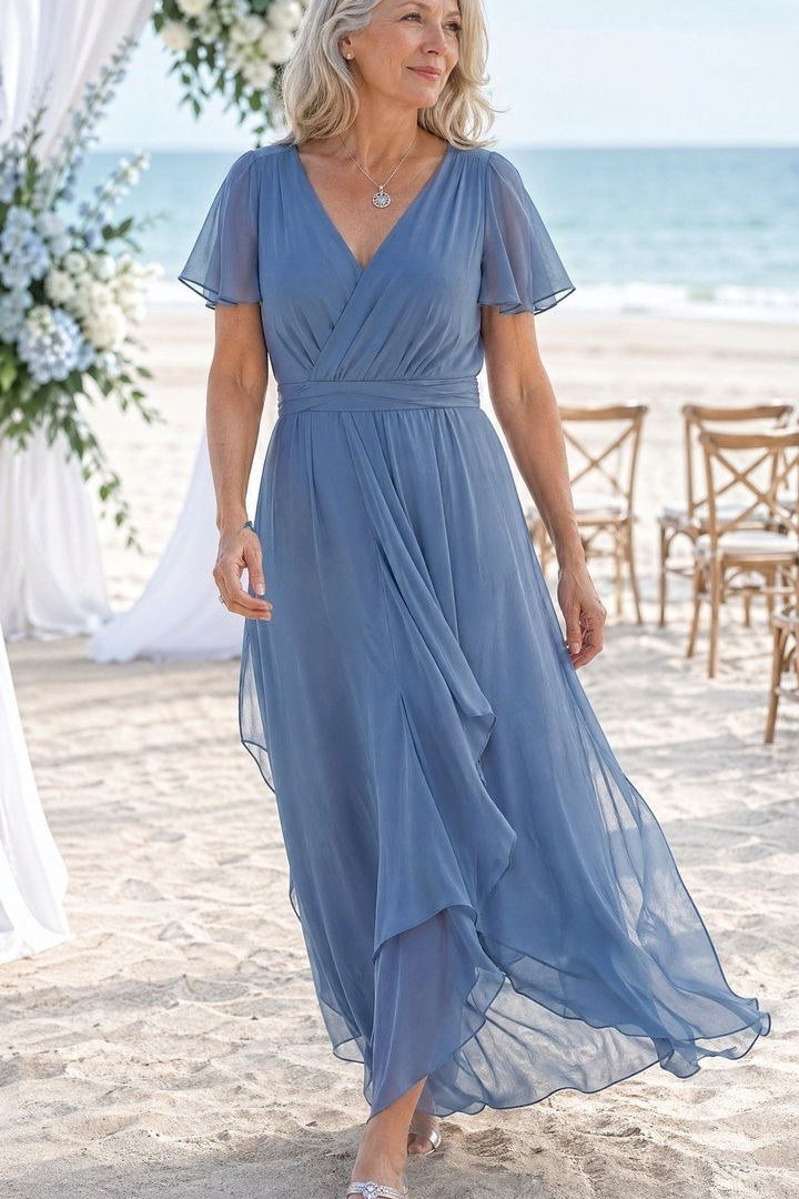 Periwinkle blue chiffon wrap maxi dress, beach - wedding guest outfit for women over 50