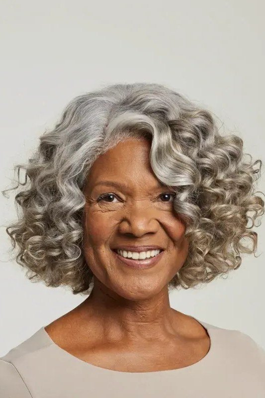 Silver grey curly bob hairstyle for older women
