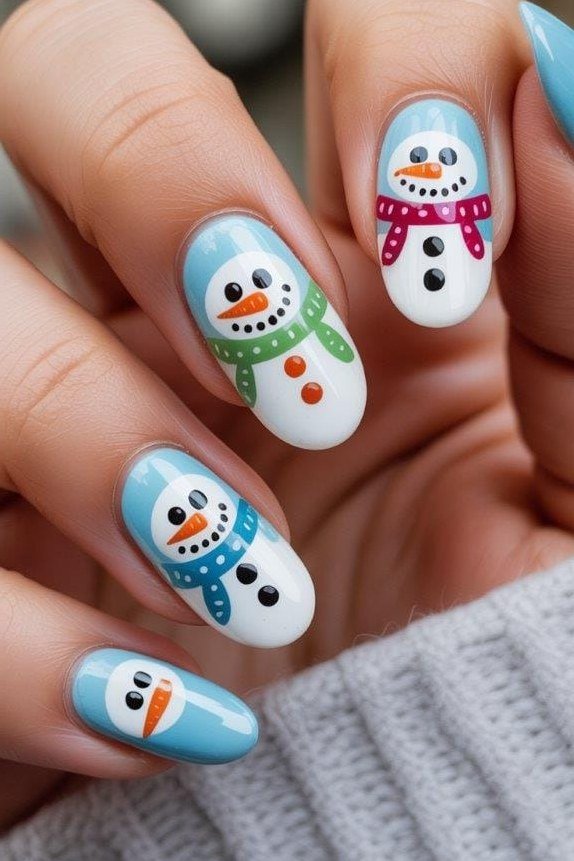Snowman and Penguin Art on Short Round Nails, fun winter nail idea for women over 60
