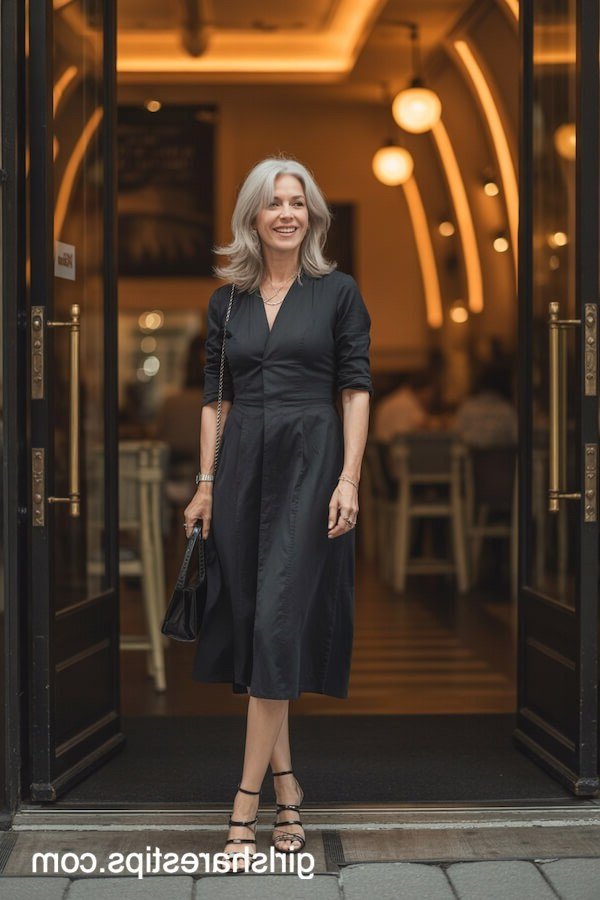 Gray-haired woman in black fit-and-flare cocktail dress