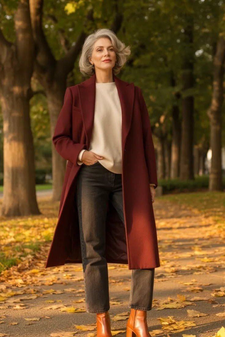 older woman in burgundy long coat with cream top, dark jeans and tan boots