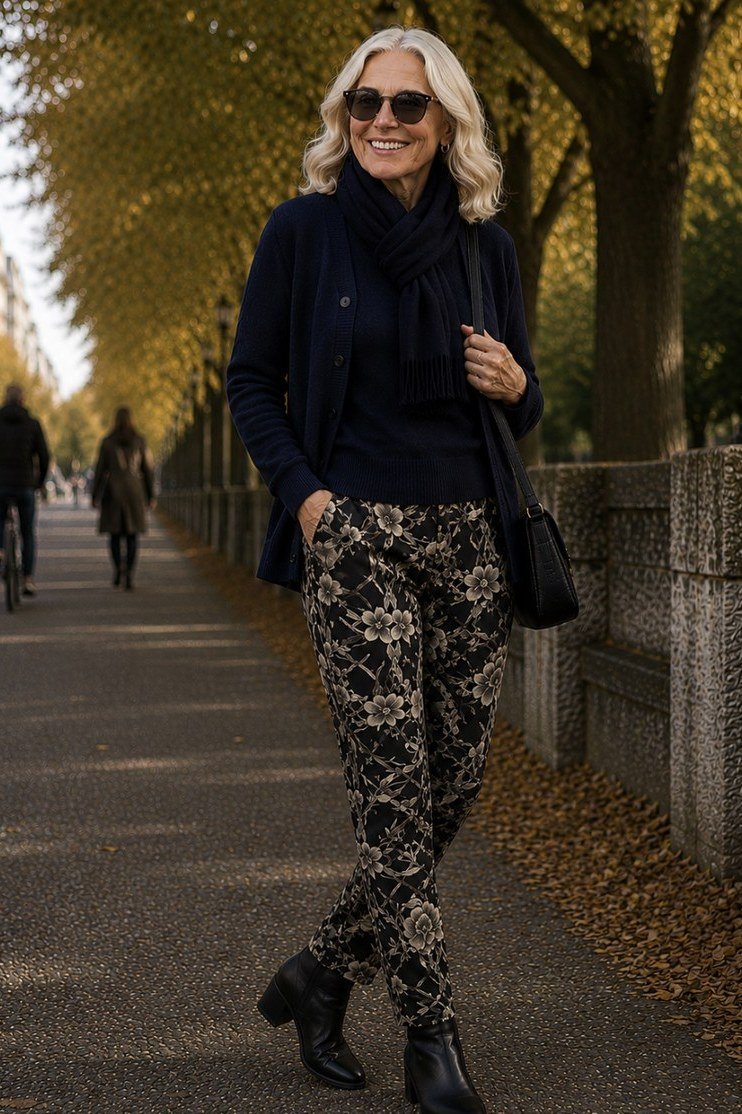 Navy Turtleneck with Brocade Pants - fall outfit for women over 40