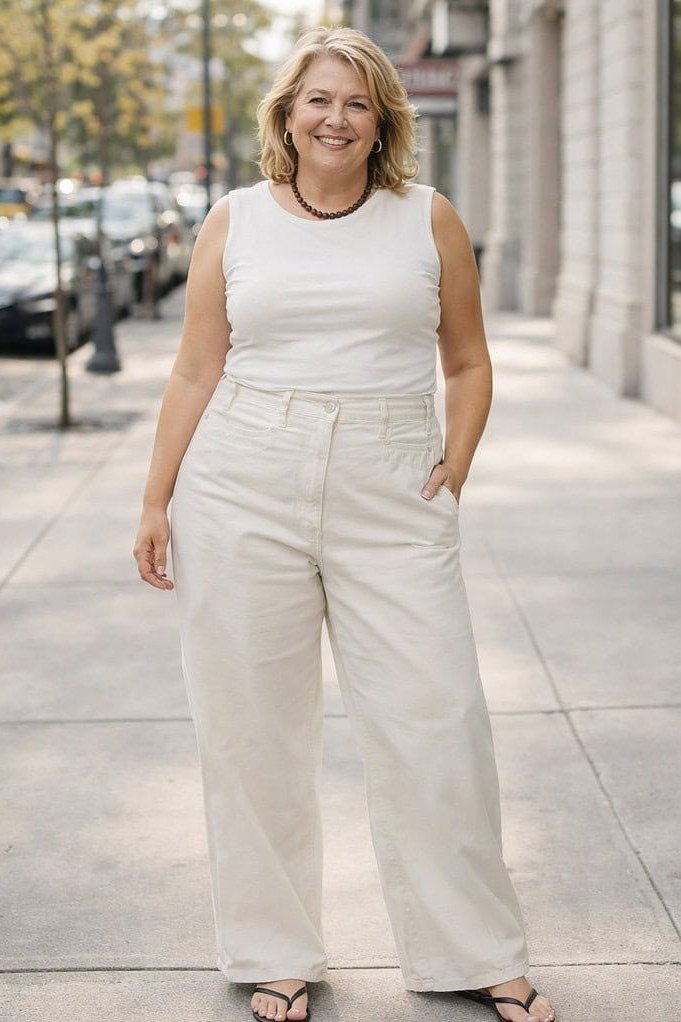 white sleeveless top cream wide leg trousers over 50